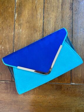 Aldo Royal Blue and Teal Colorblock Envelope Clutch with Gold Trim